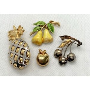 Vintage Lot of 4 Gold Tone Fruit Pin Brooch Pear Pineapple Apple Cherry JJ Retro